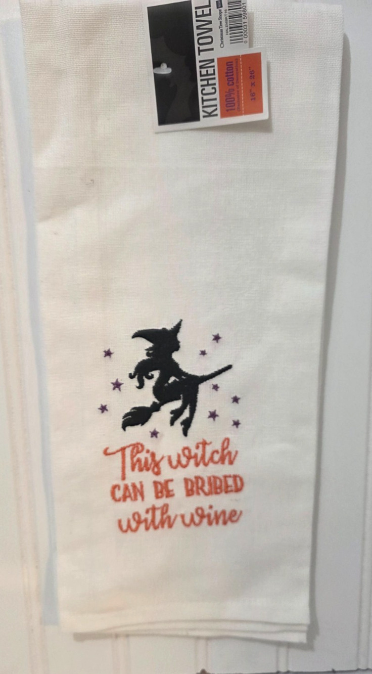 New Halloween Embroidered Towel 16" x 26" - This Witch can be Bribed with Wine